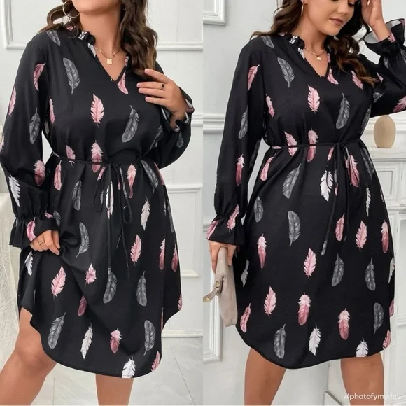 Boho Plus Size Feather Print Flounce Long  Sleeve Dress - Picture 3 of 8